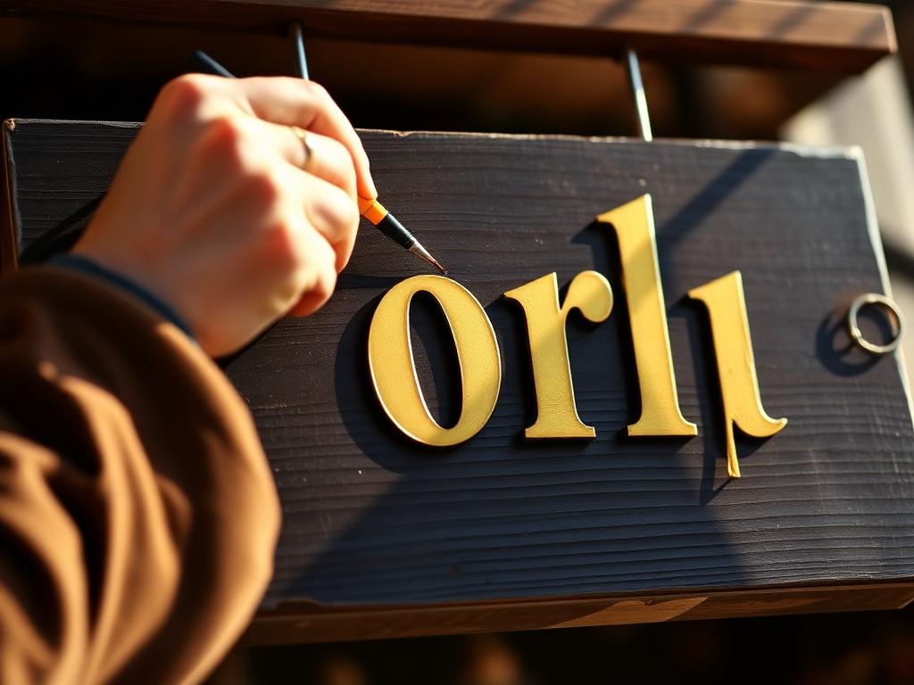 Håndmalet forgyldt skrift på træskilt