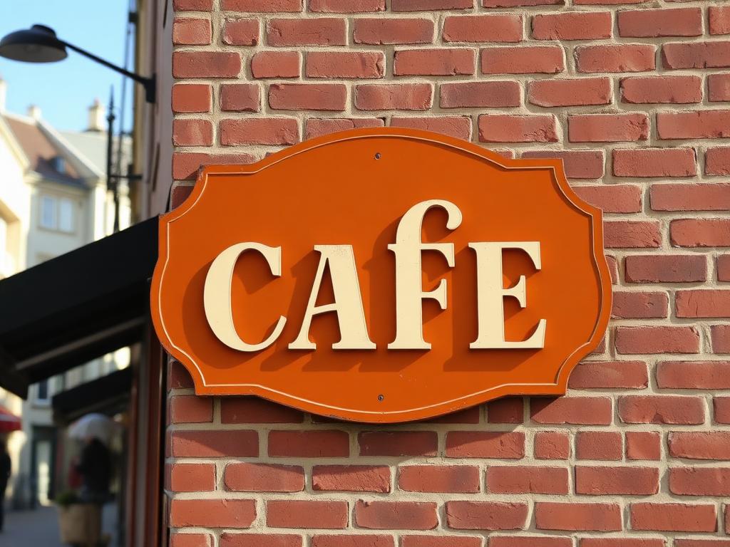 Malet caféskilt på murstensvæg